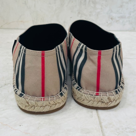 BURBERRY {43/9.5} Espadrilles Canvas Striped Neutrals Tan Black Red White - Picture 3 of 11